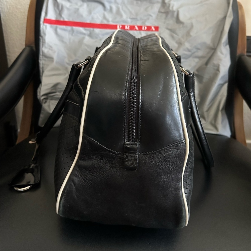 Rare vintage PRADA 'Vitello Drive' Black Leather Bowling Bag modeled by Gisele - Picture 7 of 16